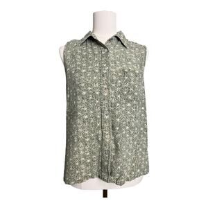 Silk Land Womens Blouse Shirt Top Sleeveless Button Up Tropical Raw Silk PM